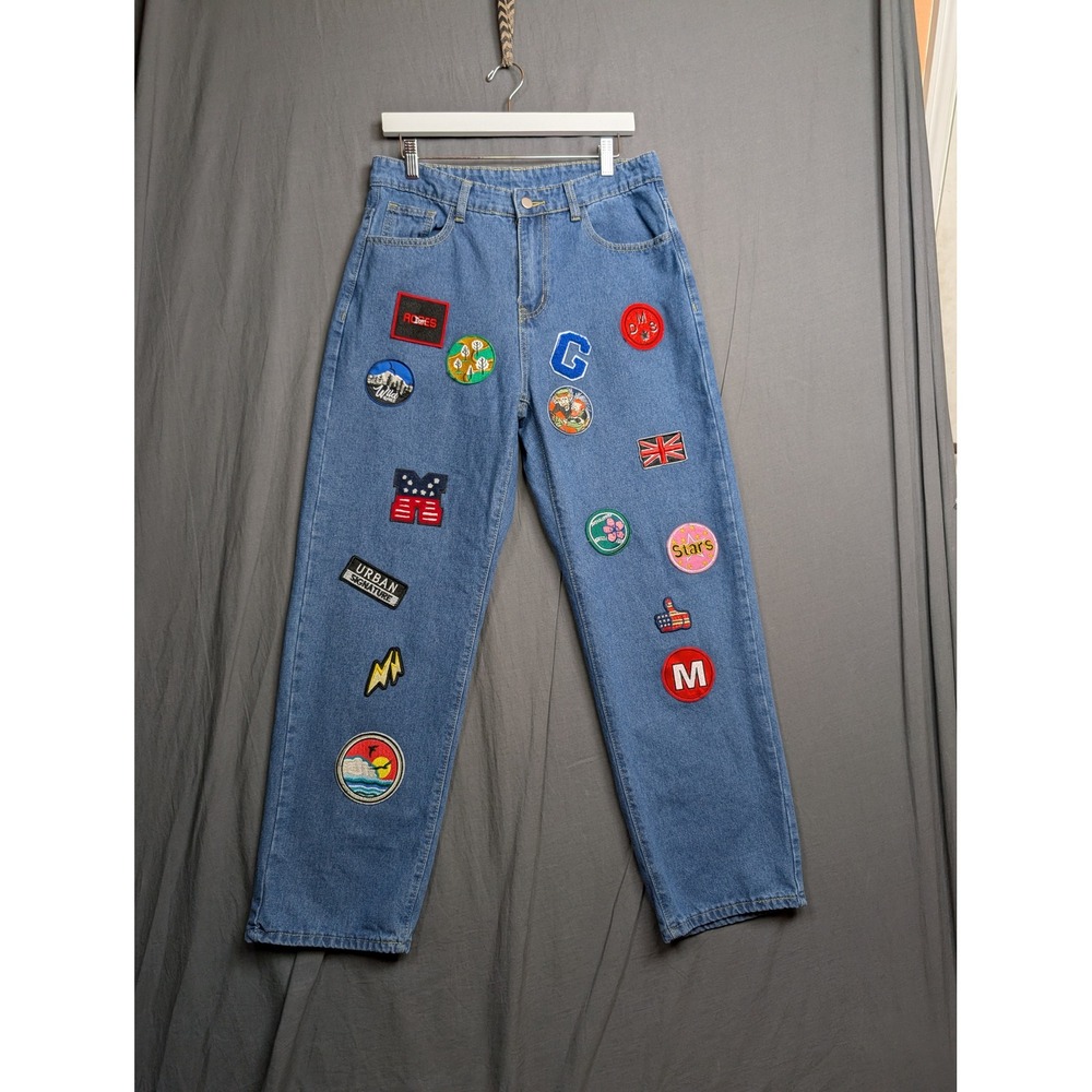 Manfinity Mens Blue Patchwork Straight Leg Jeans Multi-Patch Streetwear Size M
